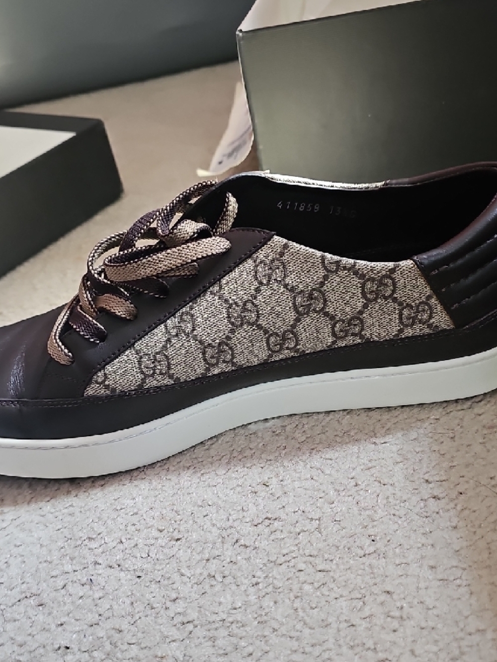 Gucci Brown & Beige Monogram Low-Top Sneakers - Picture 3 of 15